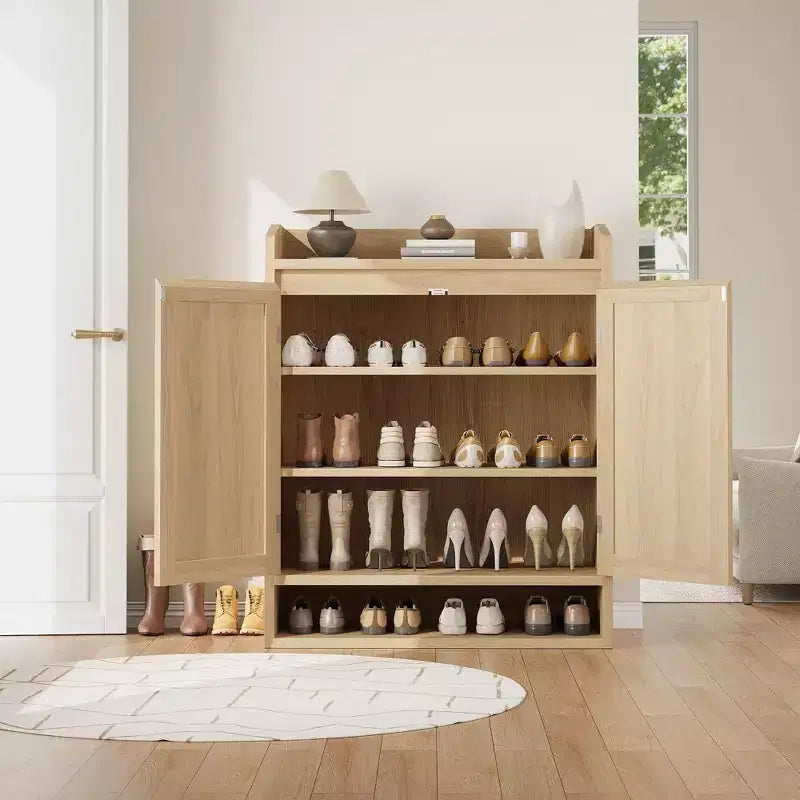 Meuble à chaussures Coolmee pour entrée, organisateur de rangement de chaussures en rotin avec étagères réglables, étagère à chaussures fermée pour couloir, salon, chambre