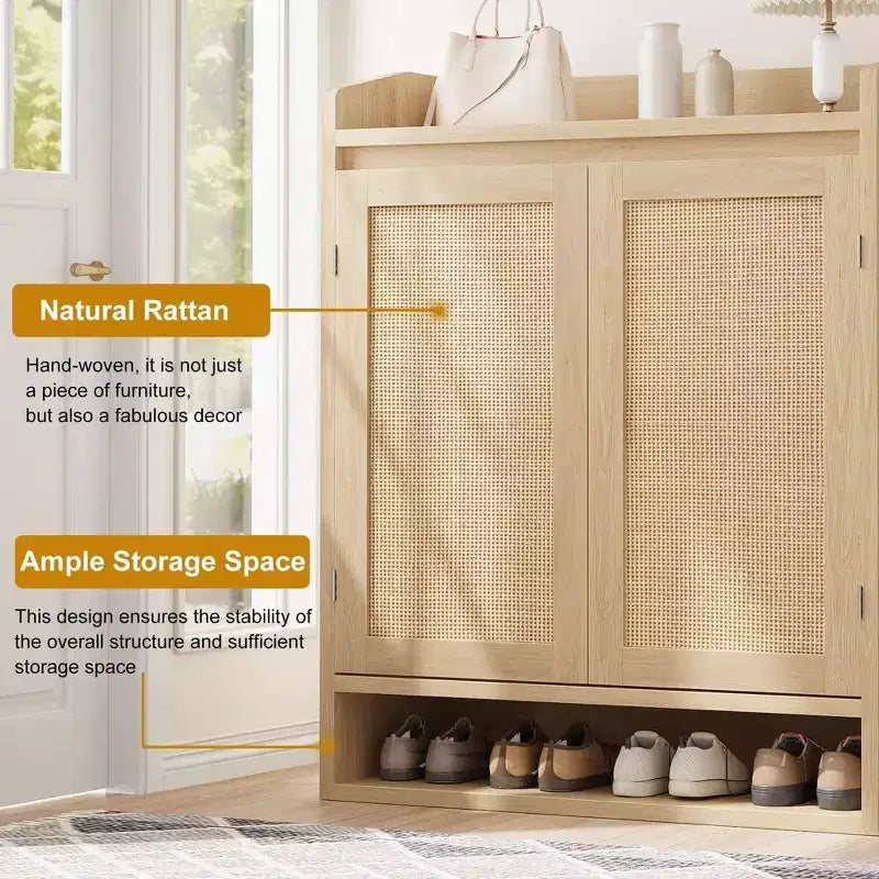 Meuble à chaussures Coolmee pour entrée, organisateur de rangement de chaussures en rotin avec étagères réglables, étagère à chaussures fermée pour couloir, salon, chambre