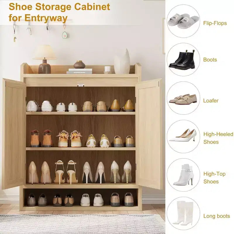 Meuble à chaussures Coolmee pour entrée, organisateur de rangement de chaussures en rotin avec étagères réglables, étagère à chaussures fermée pour couloir, salon, chambre