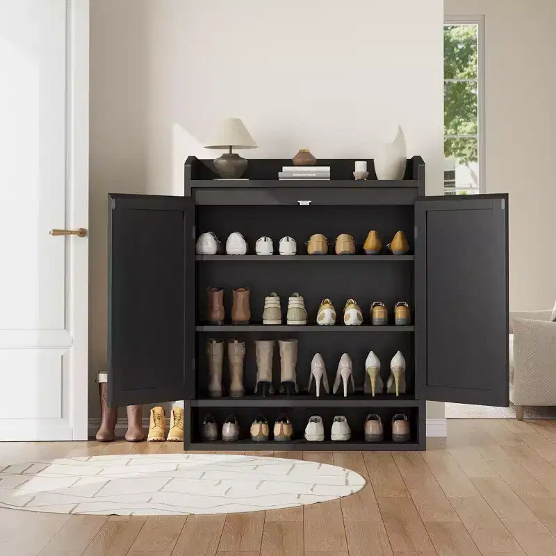 Meuble à chaussures Coolmee pour entrée, organisateur de rangement de chaussures en rotin avec étagères réglables, étagère à chaussures fermée pour couloir, salon, chambre
