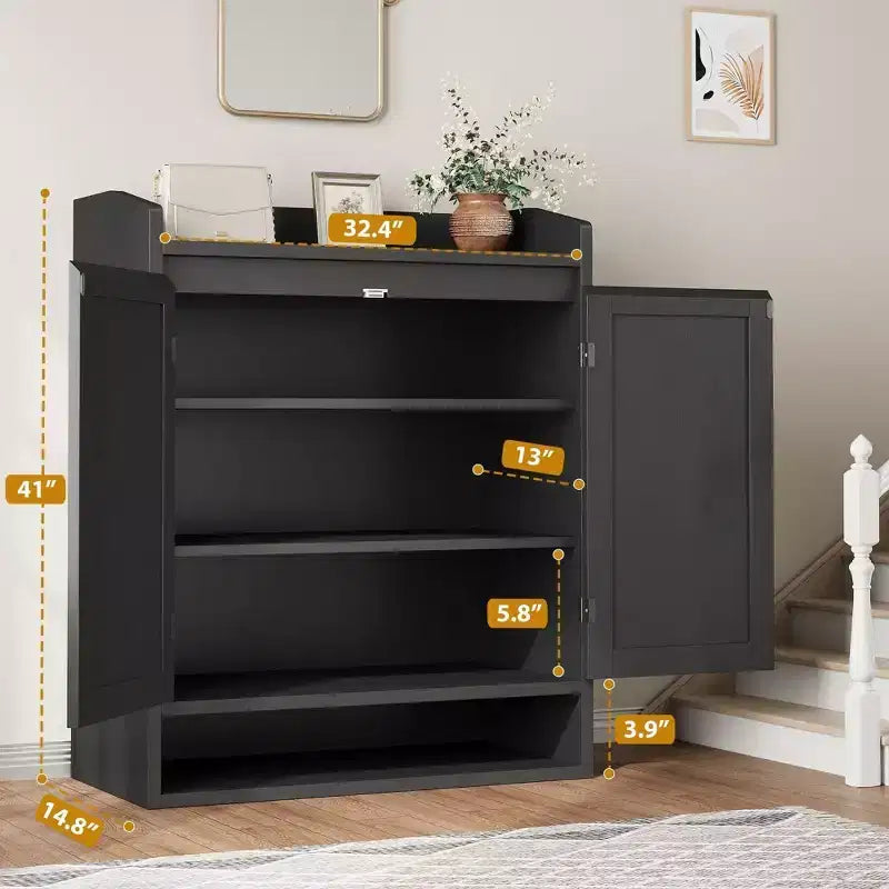 Meuble à chaussures Coolmee pour entrée, organisateur de rangement de chaussures en rotin avec étagères réglables, étagère à chaussures fermée pour couloir, salon, chambre