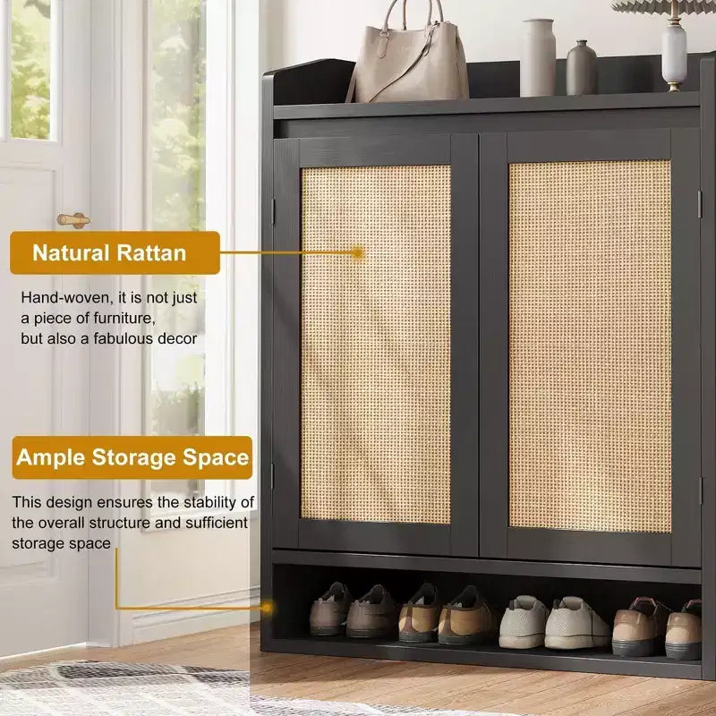 Meuble à chaussures Coolmee pour entrée, organisateur de rangement de chaussures en rotin avec étagères réglables, étagère à chaussures fermée pour couloir, salon, chambre