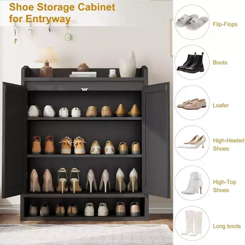 Meuble à chaussures Coolmee pour entrée, organisateur de rangement de chaussures en rotin avec étagères réglables, étagère à chaussures fermée pour couloir, salon, chambre