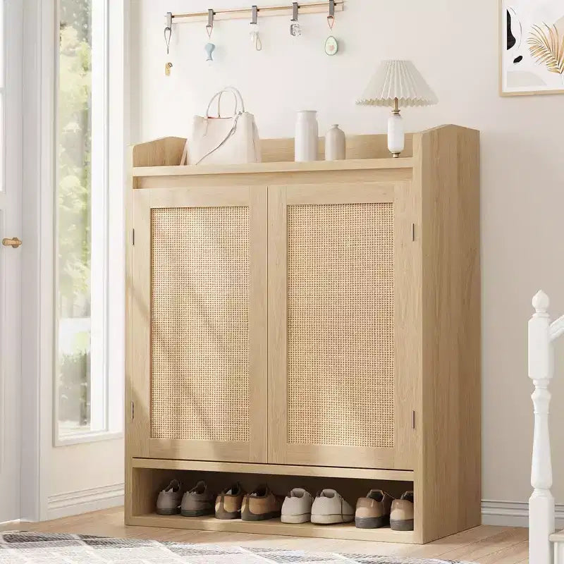 Meuble à chaussures Coolmee pour entrée, organisateur de rangement de chaussures en rotin avec étagères réglables, étagère à chaussures fermée pour couloir, salon, chambre