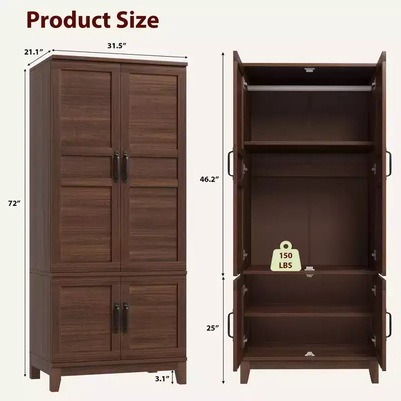 Coolmee Armoire de rangement avec 4 portes, armoire penderie de 183 cm en bois avec tringle à vêtements, armoire de rangement haute autoportante