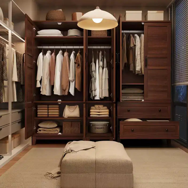 Coolmee Armoire de rangement avec 4 portes, armoire penderie de 183 cm en bois avec tringle à vêtements, armoire de rangement haute autoportante