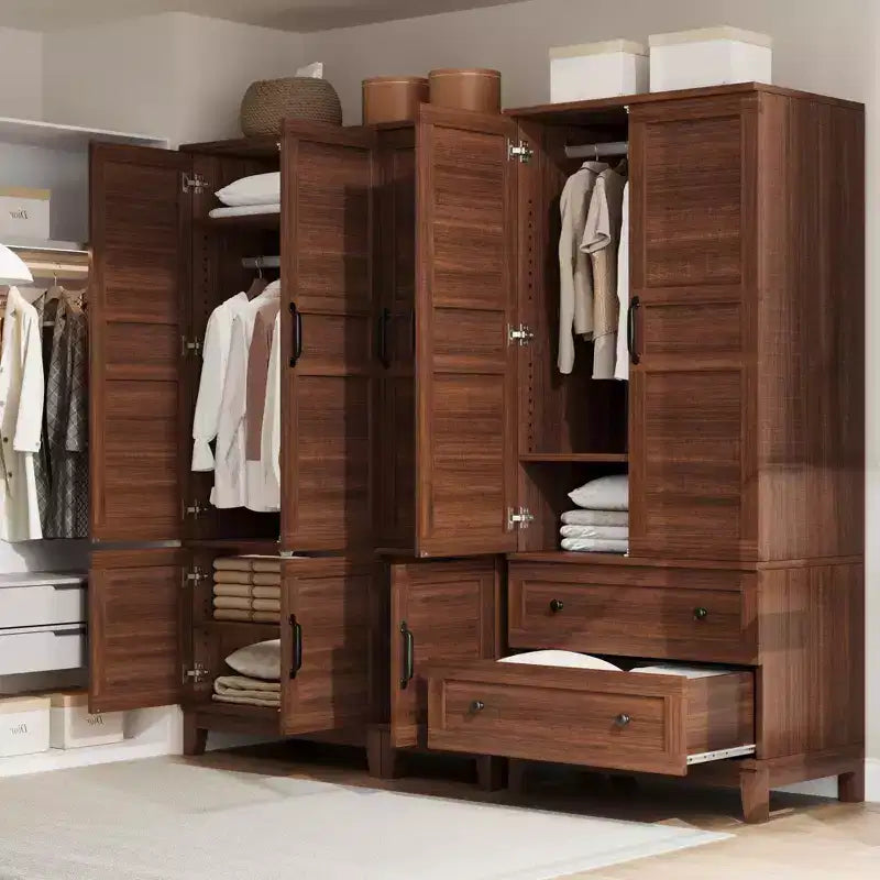 Coolmee Armoire de rangement avec 4 portes, armoire penderie de 183 cm en bois avec tringle à vêtements, armoire de rangement haute autoportante