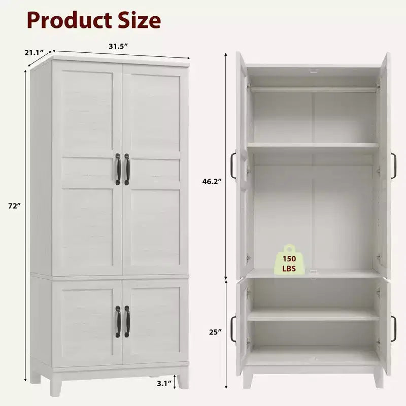 Coolmee Armoire de rangement avec 4 portes, armoire penderie de 183 cm en bois avec tringle à vêtements, armoire de rangement haute autoportante