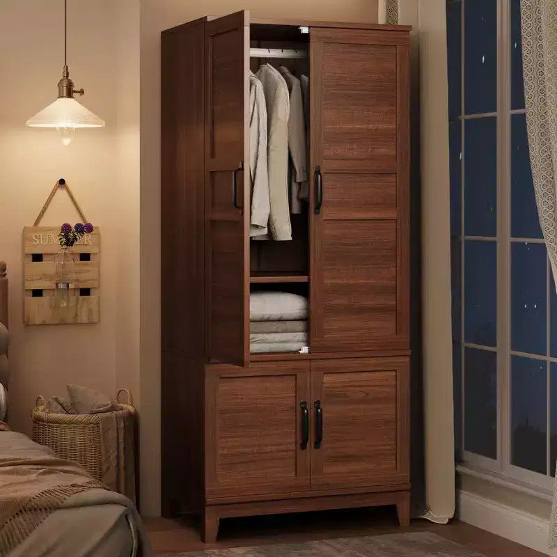 Coolmee Armoire de rangement avec 4 portes, armoire penderie de 183 cm en bois avec tringle à vêtements, armoire de rangement haute autoportante