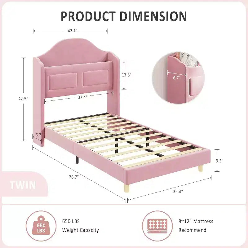 Lit double à LED avec tête de lit de rangement et station de charge, cadre de lit plateforme rembourré en velours avec étagère, aucun sommier tapissier requis