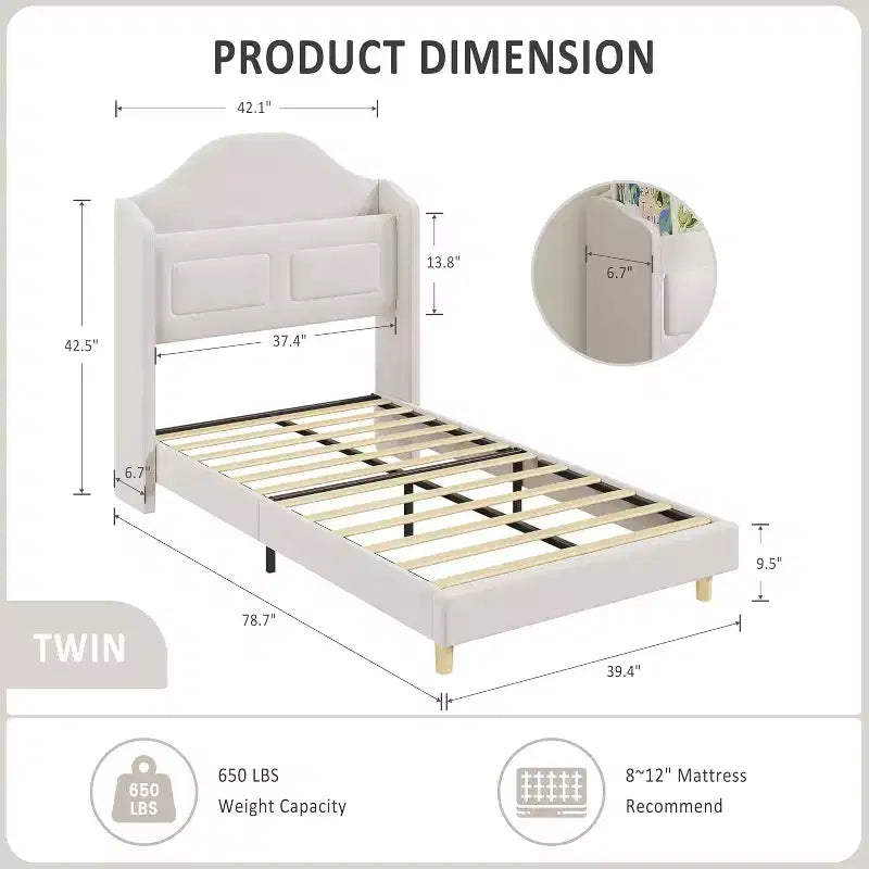 Lit double à LED avec tête de lit de rangement et station de charge, cadre de lit plateforme rembourré en velours avec étagère, aucun sommier tapissier requis