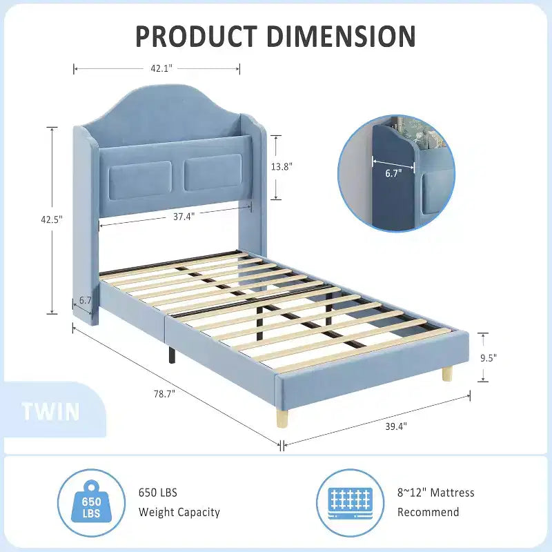 Lit double à LED avec tête de lit de rangement et station de charge, cadre de lit plateforme rembourré en velours avec étagère, aucun sommier tapissier requis