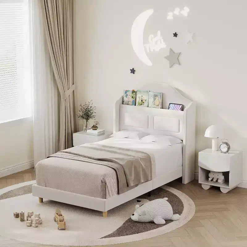 Lit double à LED avec tête de lit de rangement et station de charge, cadre de lit plateforme rembourré en velours avec étagère, aucun sommier tapissier requis