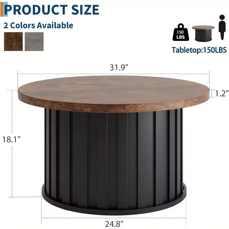 Table basse ronde moderne Acekool, forme champignon cannelé, plateau en MDF, base en métal noir, 31,9, montage facile