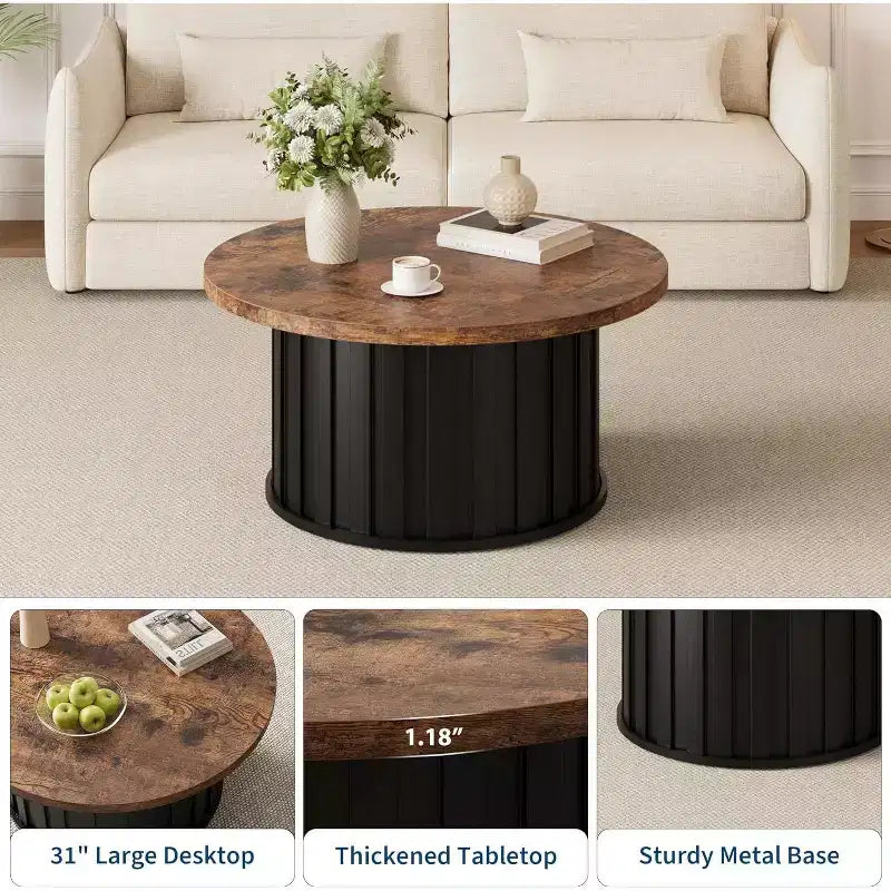Table basse ronde moderne Acekool, forme champignon cannelé, plateau en MDF, base en métal noir, 31,9, montage facile