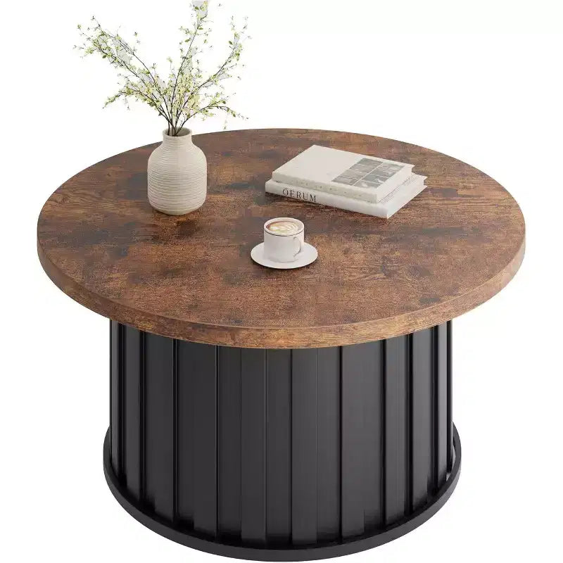 Table basse ronde moderne Acekool, forme champignon cannelé, plateau en MDF, base en métal noir, 31,9, montage facile