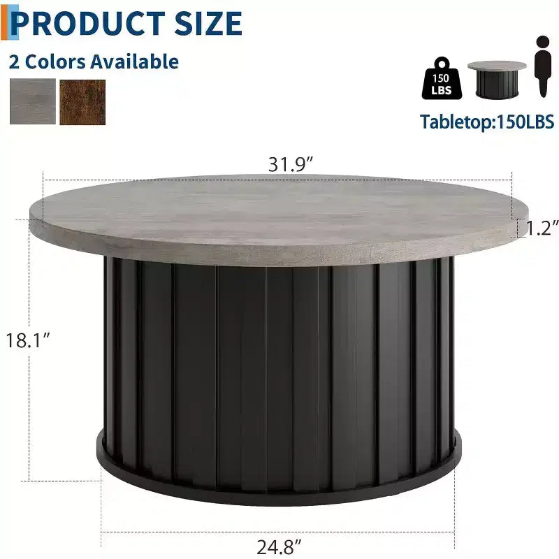 Table basse ronde moderne Acekool, forme champignon cannelé, plateau en MDF, base en métal noir, 31,9, montage facile