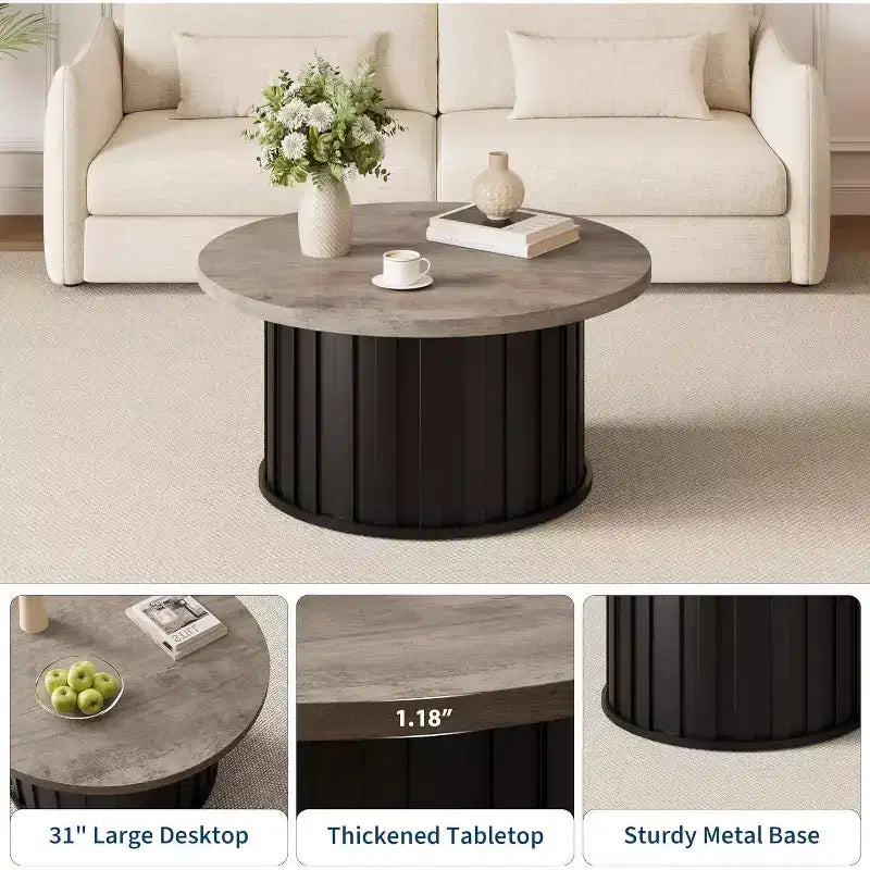 Table basse ronde moderne Acekool, forme champignon cannelé, plateau en MDF, base en métal noir, 31,9, montage facile