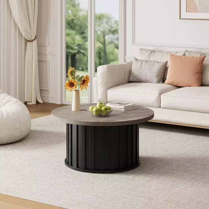 Table basse ronde moderne Acekool, forme champignon cannelé, plateau en MDF, base en métal noir, 31,9, montage facile
