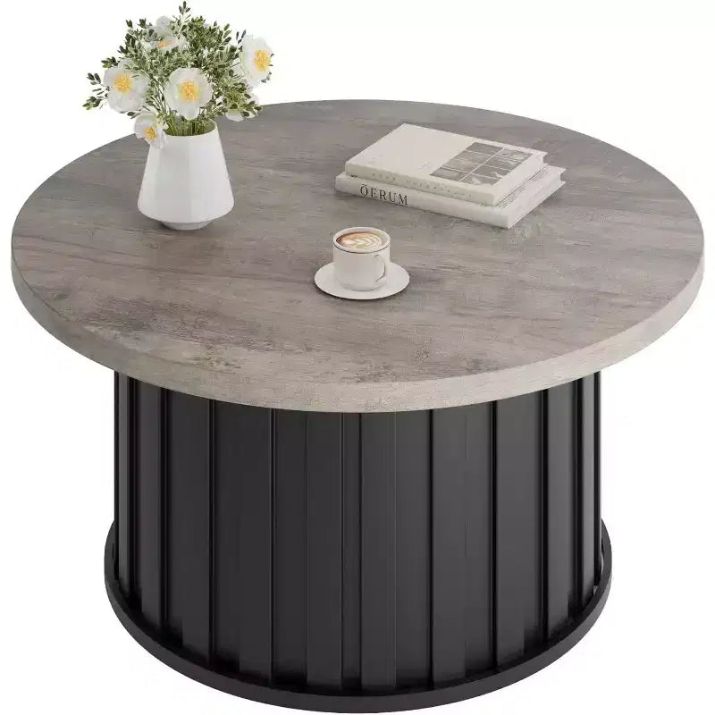 Table basse ronde moderne Acekool, forme champignon cannelé, plateau en MDF, base en métal noir, 31,9, montage facile