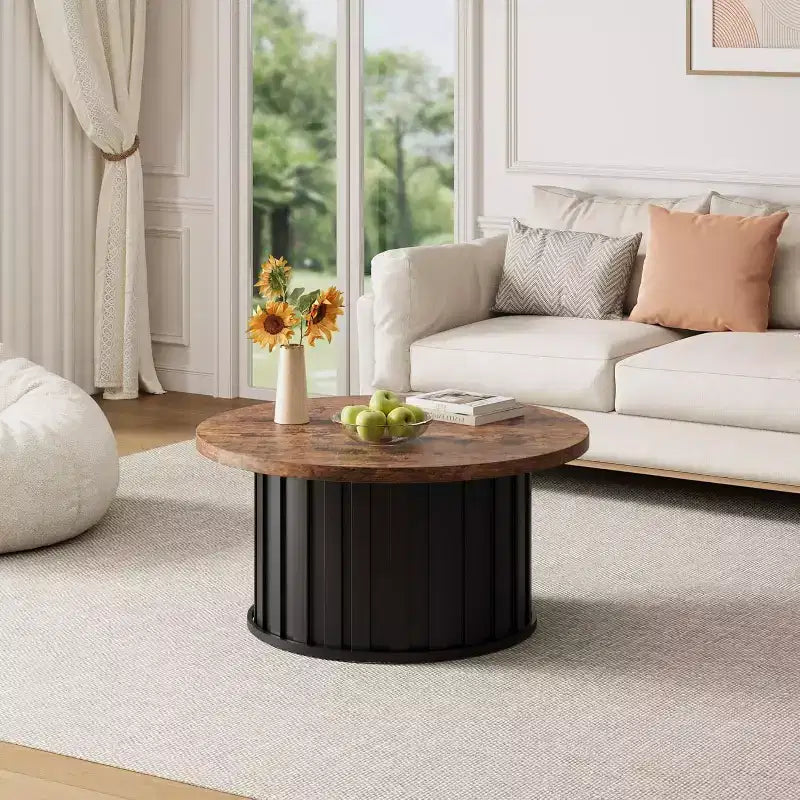 Table basse ronde moderne Acekool, forme champignon cannelé, plateau en MDF, base en métal noir, 31,9, montage facile