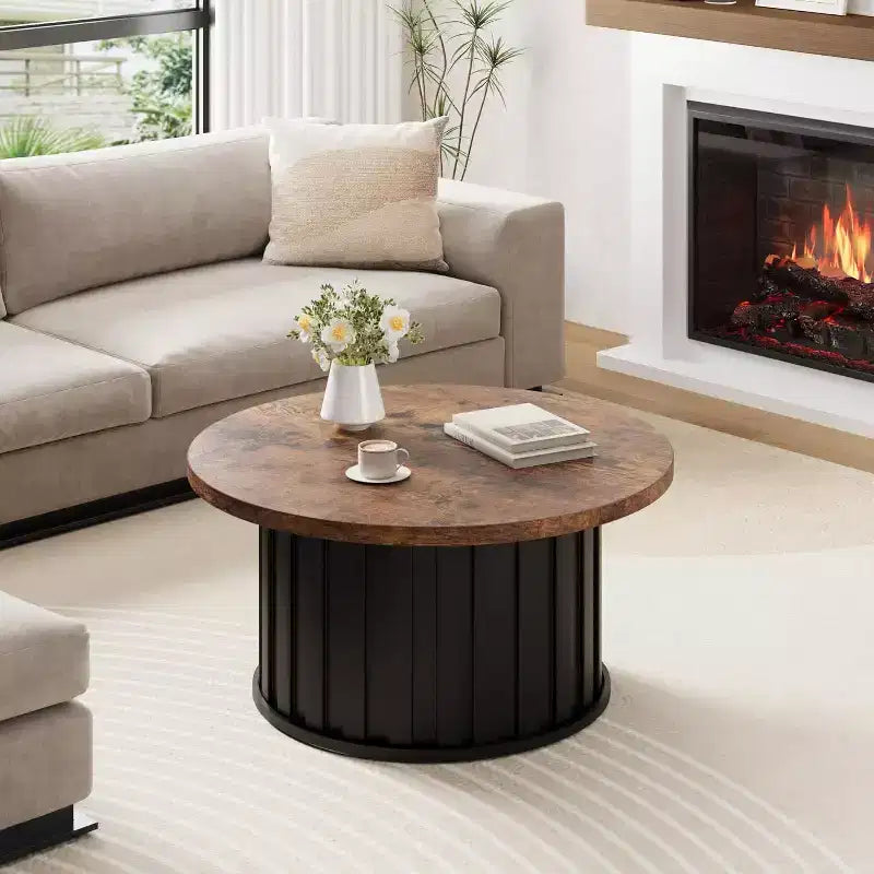 Table basse ronde moderne Acekool, forme champignon cannelé, plateau en MDF, base en métal noir, 31,9, montage facile