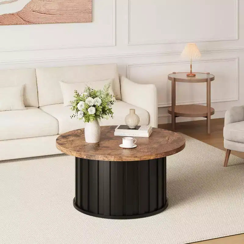 Table basse ronde moderne Acekool, forme champignon cannelé, plateau en MDF, base en métal noir, 31,9, montage facile
