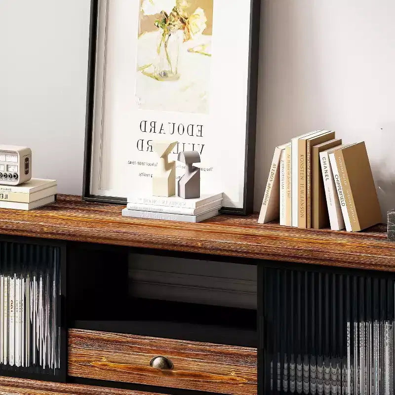 Meuble TV moderne Acekool, console média en bois de sapin et fer, grand tiroir de rangement, étagère ouverte, convient aux TV jusqu'à 55 pouces, 160 x 40 x 47,5 cm