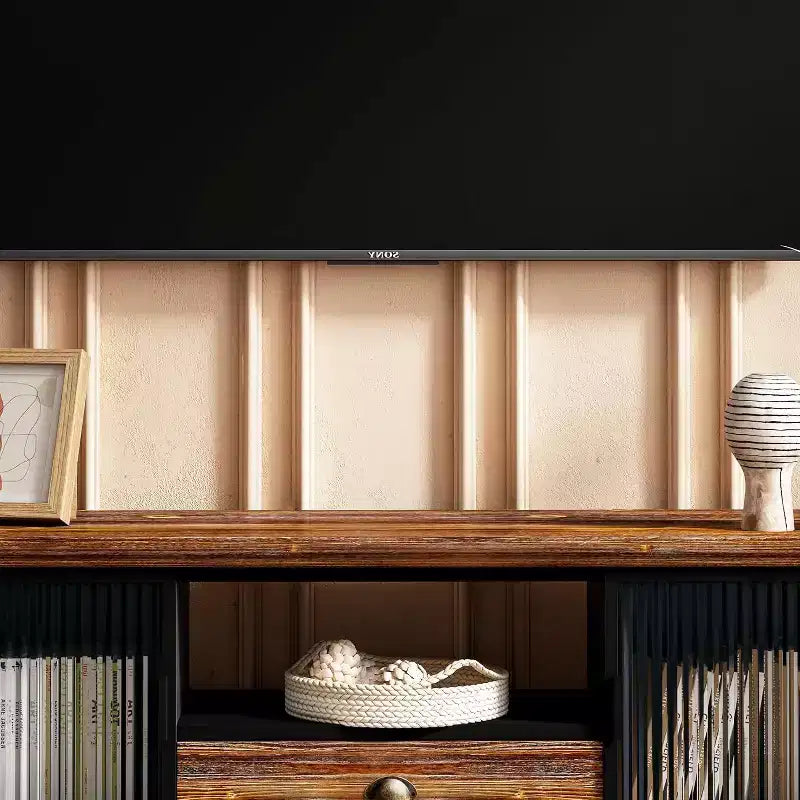Meuble TV moderne Acekool, console média en bois de sapin et fer, grand tiroir de rangement, étagère ouverte, convient aux TV jusqu'à 55 pouces, 160 x 40 x 47,5 cm
