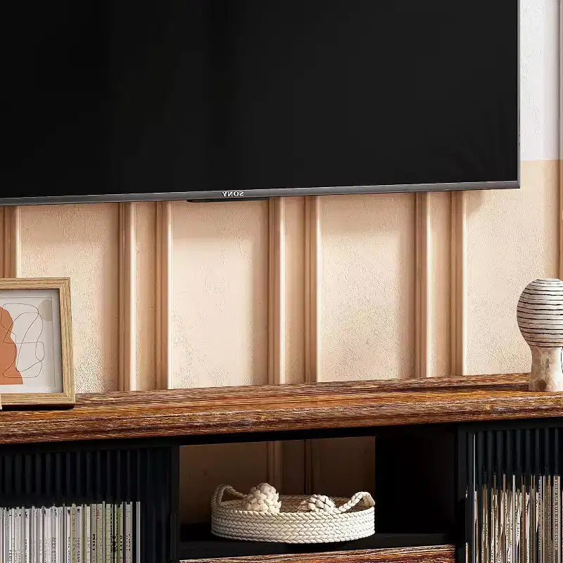 Meuble TV moderne Acekool, console média en bois de sapin et fer, grand tiroir de rangement, étagère ouverte, convient aux TV jusqu'à 55 pouces, 160 x 40 x 47,5 cm