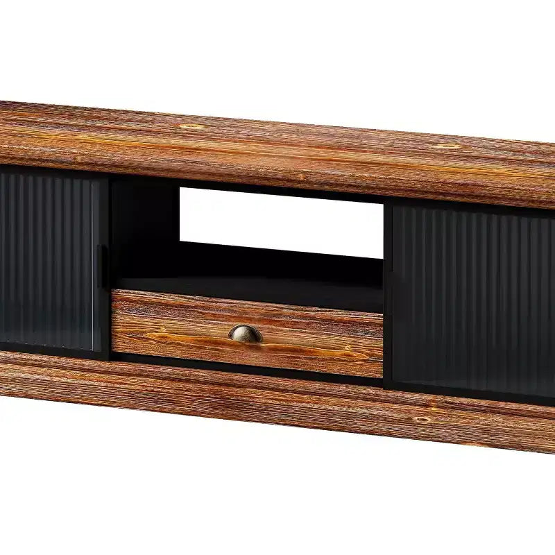 Meuble TV moderne Acekool, console média en bois de sapin et fer, grand tiroir de rangement, étagère ouverte, convient aux TV jusqu'à 55 pouces, 160 x 40 x 47,5 cm