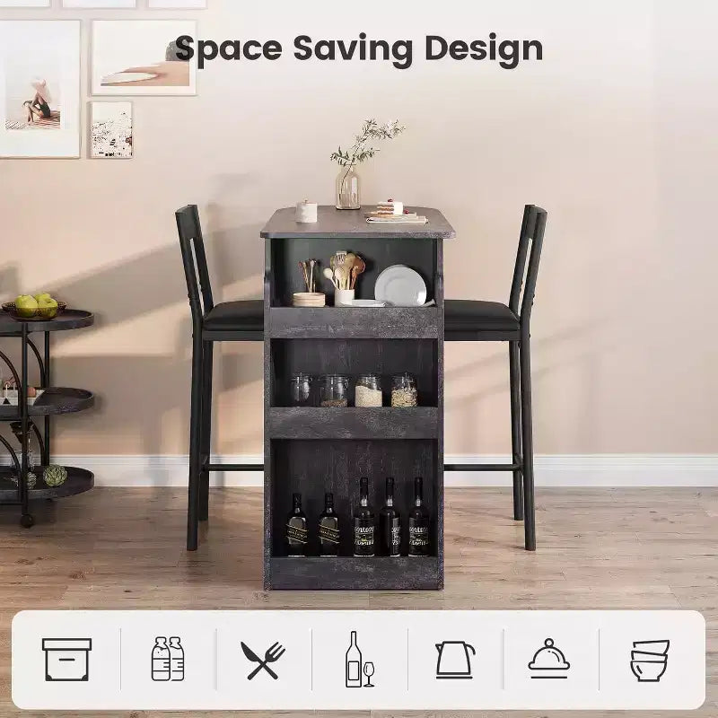 Ensemble table de bar et chaises Acekool pour 2 personnes avec étagère de rangement, table de salle à manger peu encombrante pour cuisine et appartement