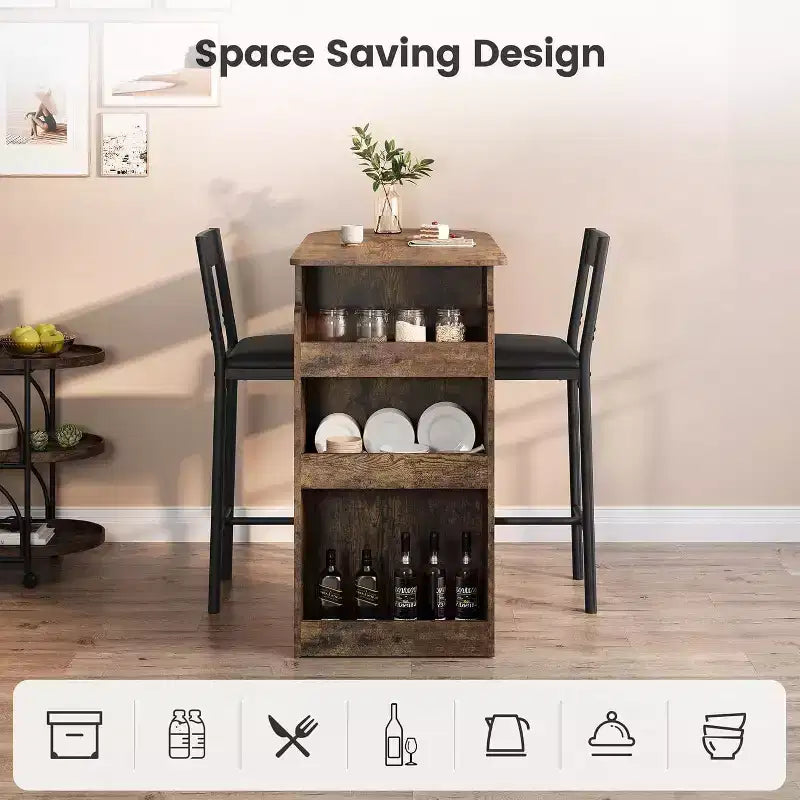 Ensemble table de bar et chaises Acekool pour 2 personnes avec étagère de rangement, table de salle à manger peu encombrante pour cuisine et appartement