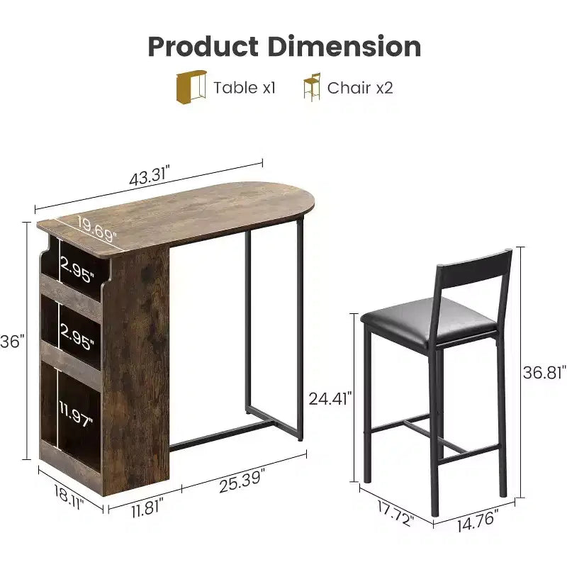Ensemble table de bar et chaises Acekool pour 2 personnes avec étagère de rangement, table de salle à manger peu encombrante pour cuisine et appartement