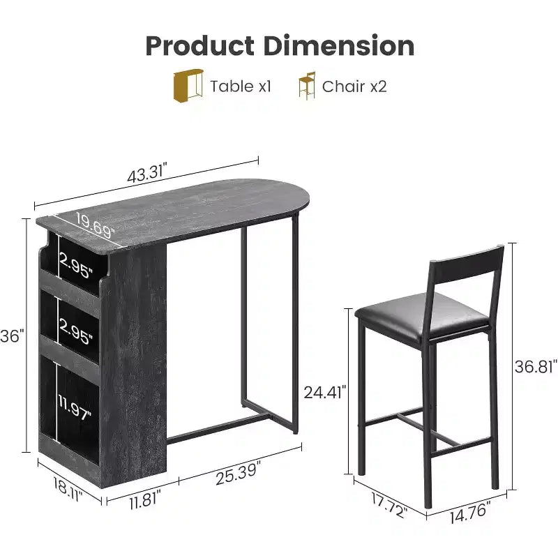 Ensemble table de bar et chaises Acekool pour 2 personnes avec étagère de rangement, table de salle à manger peu encombrante pour cuisine et appartement