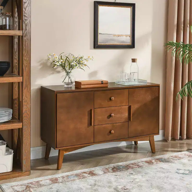 Buffet Okak 47 po avec 2 portes et 3 tiroirs, Console d'appoint, Armoire de rangement pour Cuisine, Salle à manger, Salon, Noyer