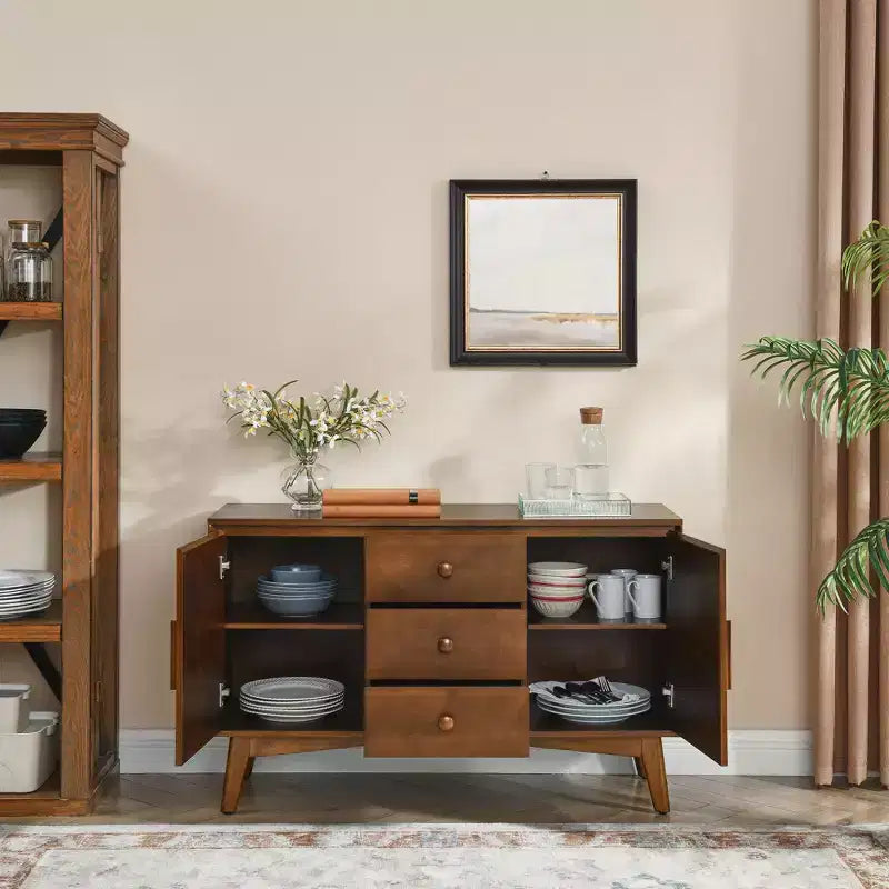 Buffet Okak 47 po avec 2 portes et 3 tiroirs, Console d'appoint, Armoire de rangement pour Cuisine, Salle à manger, Salon, Noyer