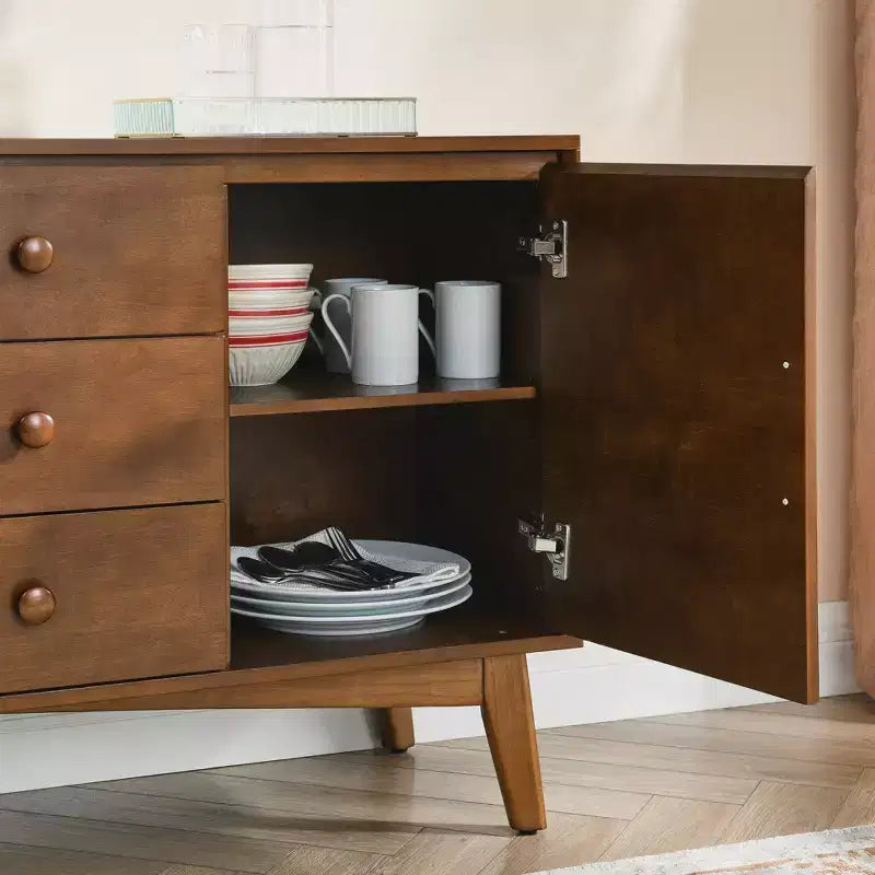 Buffet Okak 47 po avec 2 portes et 3 tiroirs, Console d'appoint, Armoire de rangement pour Cuisine, Salle à manger, Salon, Noyer