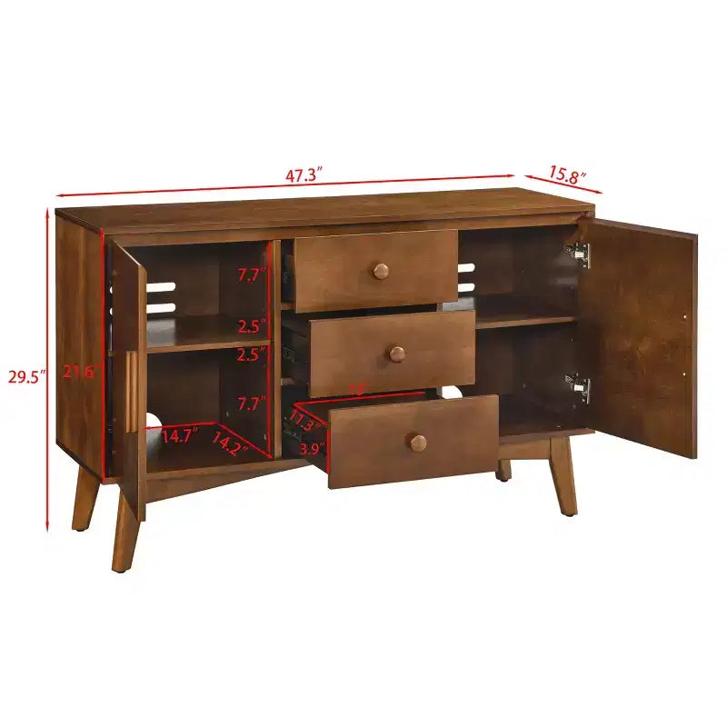 Buffet Okak 47 po avec 2 portes et 3 tiroirs, Console d'appoint, Armoire de rangement pour Cuisine, Salle à manger, Salon, Noyer