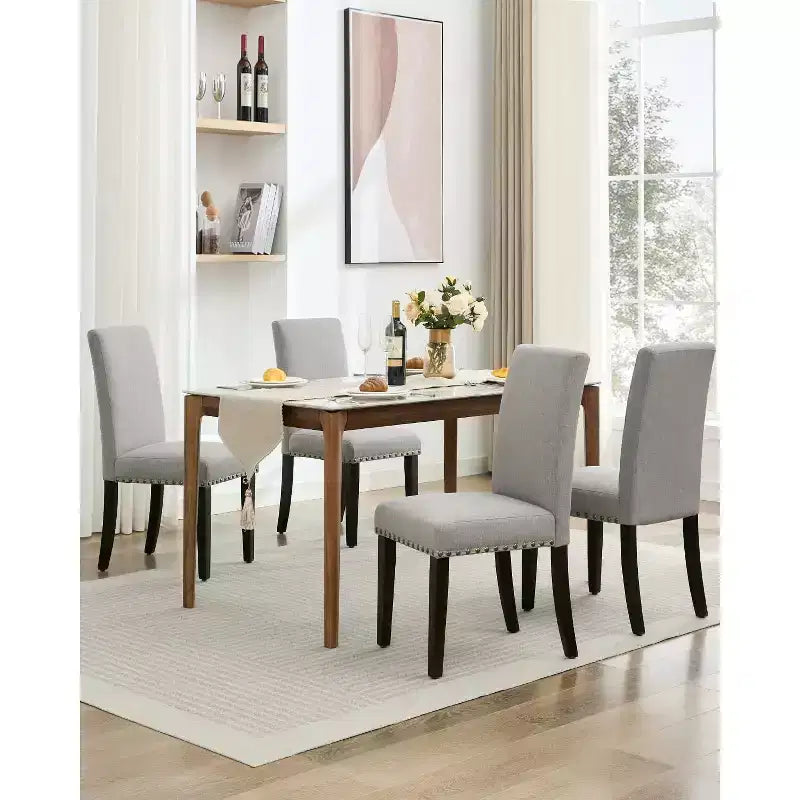 Lot de 6 chaises de salle à manger, chaises ergonomiques modernes rembourrées en tissu avec dossier incurvé, pieds en bois robustes pour salle à manger, cuisine, bureau