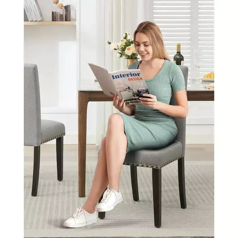 Lot de 6 chaises de salle à manger, chaises ergonomiques modernes rembourrées en tissu avec dossier incurvé, pieds en bois robustes pour salle à manger, cuisine, bureau