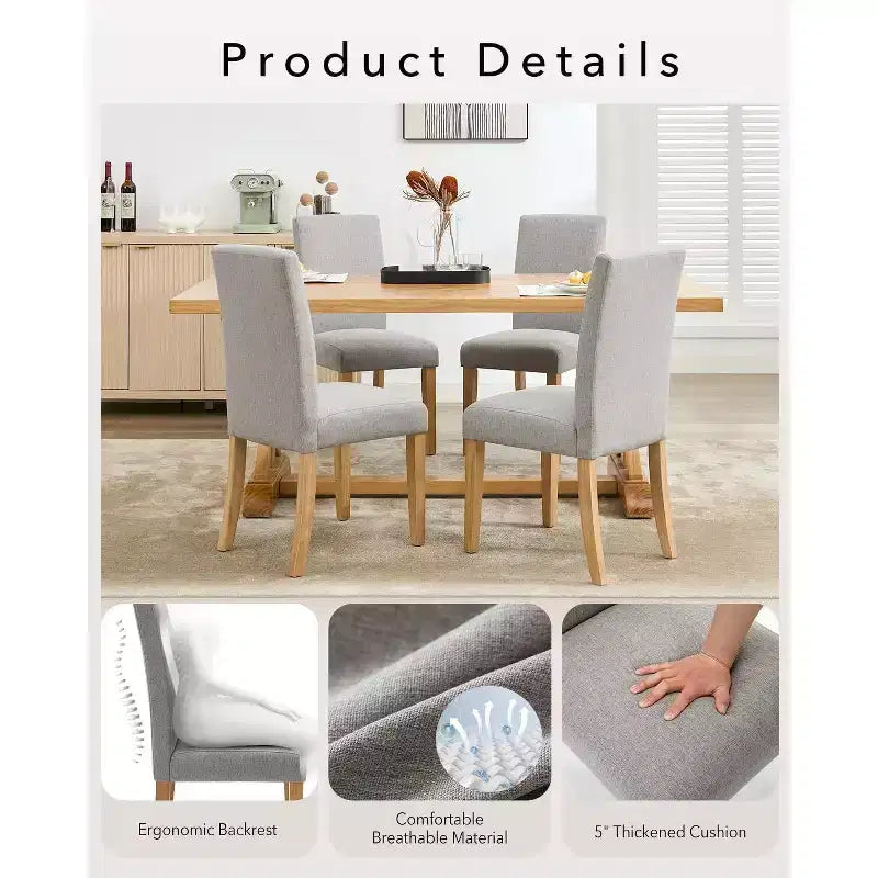 Lot de 6 chaises de salle à manger, chaises ergonomiques modernes rembourrées en tissu avec dossier incurvé, pieds en bois robustes pour salle à manger, cuisine, bureau