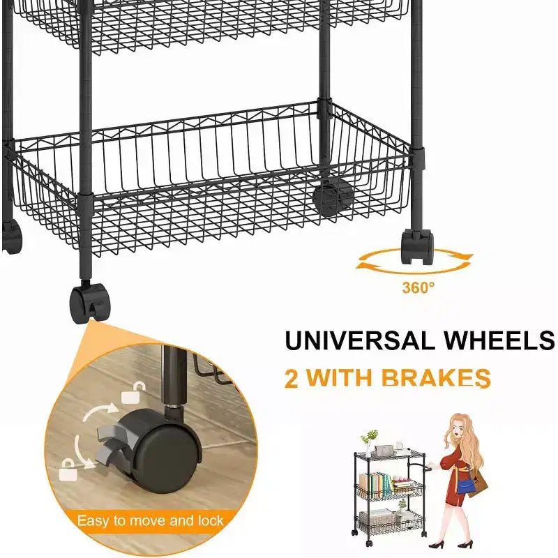 Chariot de service, 600 lb capacité, 3 niveaux, avec roulettes pivotantes à 360° - Usage commercial (Cuisine/Restaurant/Bureau)