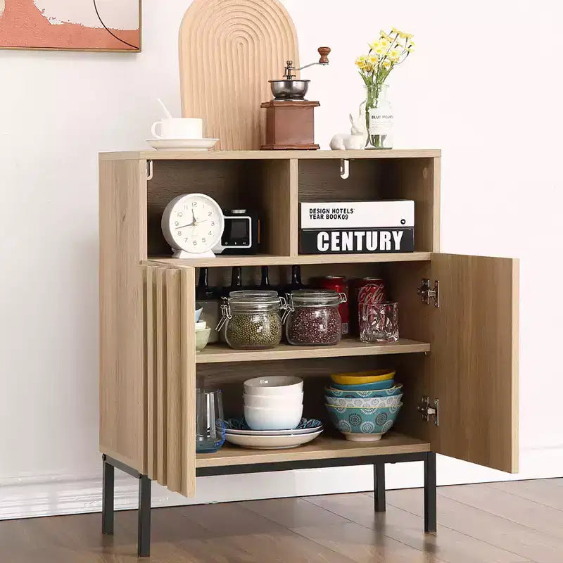 Bahut en chêne finition à rayures ondulées, meuble de rangement à double porte avec design ondulé, console buffet texturé bois pour salon, entrée