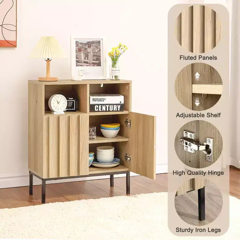Bahut en chêne finition à rayures ondulées, meuble de rangement à double porte avec design ondulé, console buffet texturé bois pour salon, entrée