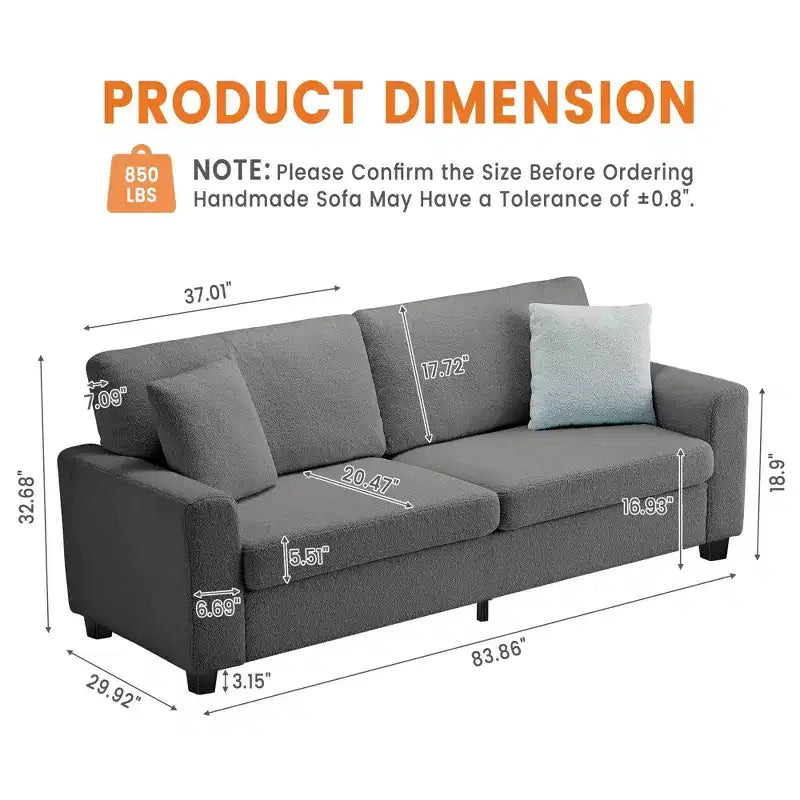 Canapé 3 places ergonomique fait main en velours Teddy avec support de 385 kg, coussin amovible et larges accoudoirs pour salon, chambre et appartement