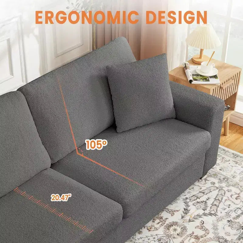 Canapé 3 places ergonomique fait main en velours Teddy avec support de 385 kg, coussin amovible et larges accoudoirs pour salon, chambre et appartement