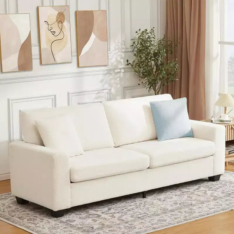 Canapé 3 places ergonomique fait main en velours Teddy avec support de 385 kg, coussin amovible et larges accoudoirs pour salon, chambre et appartement