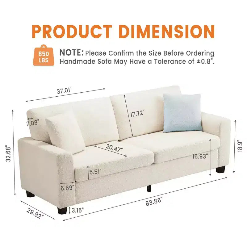Canapé 3 places ergonomique fait main en velours Teddy avec support de 385 kg, coussin amovible et larges accoudoirs pour salon, chambre et appartement
