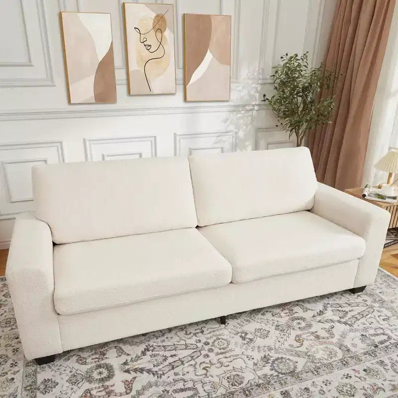 Canapé 3 places ergonomique fait main en velours Teddy avec support de 385 kg, coussin amovible et larges accoudoirs pour salon, chambre et appartement